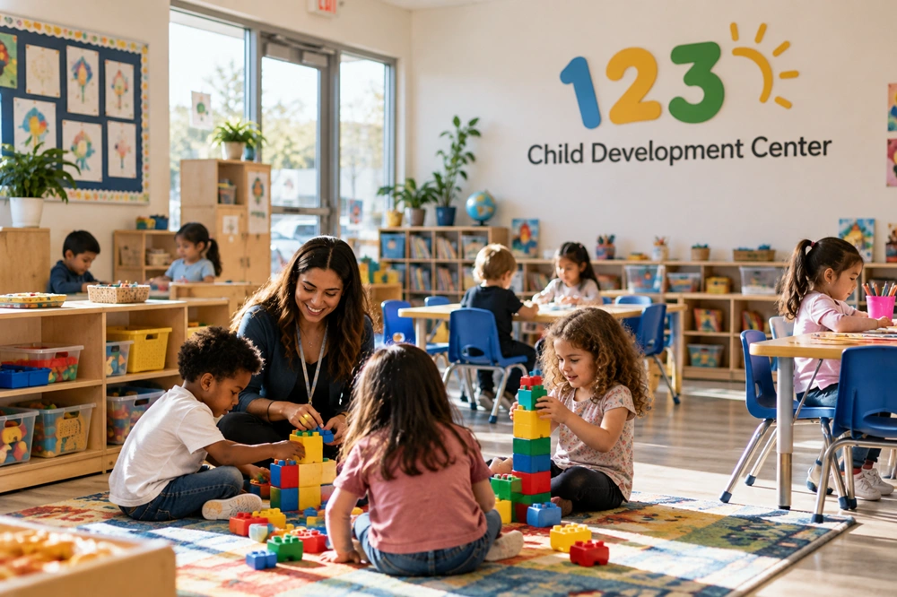 Teacher playing with building blocks with young children in a classroom at 123 Child Development Center