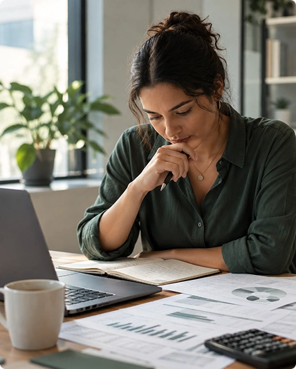Business owner reviewing financial reports and charts at her desk